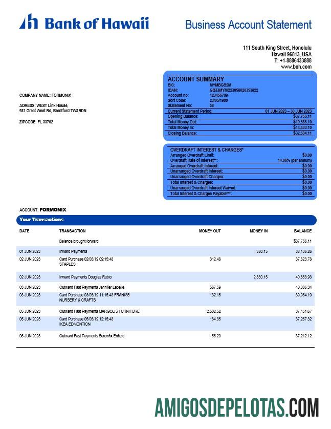 Imprimível Modelo Word e PDF de extrato de conta firme do Bank Of Hawaii